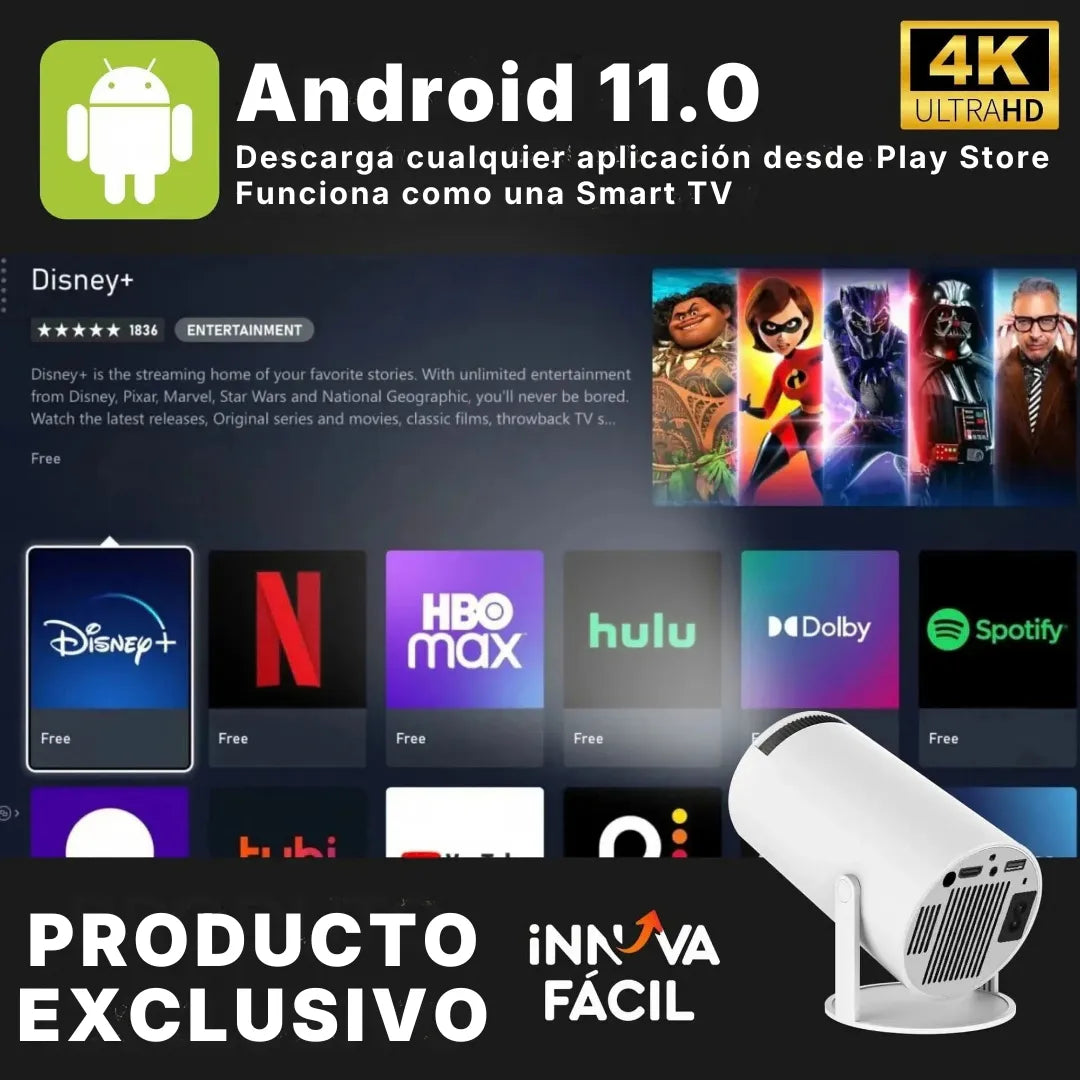 Mini Proyector Portátil 4K con Android TV y Espejamiento | Innova Fácil